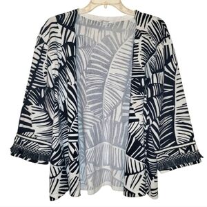 XL CHICO'S Cotton Blend Tropical Navy Blue and White Floral Print Cardigan